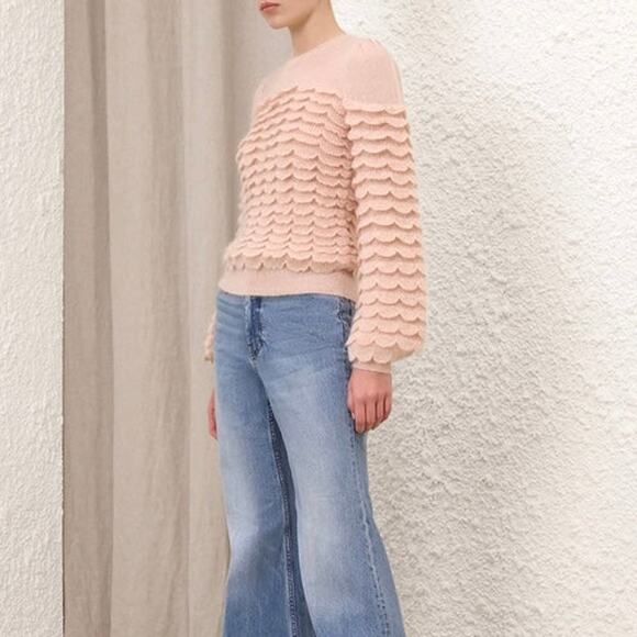 Zimmermann Hypnotic Scallop Pink Ruffle Mohair Wool Sweater 0 NEW Knit Crewneck